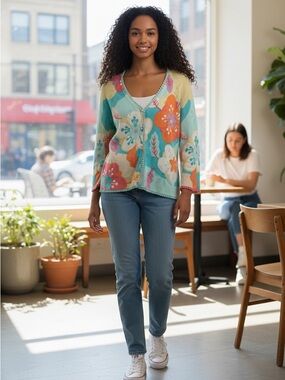 Sigrid Olsen Turquoise Multi Floral Crochet-Trim V-Neck Cardigan